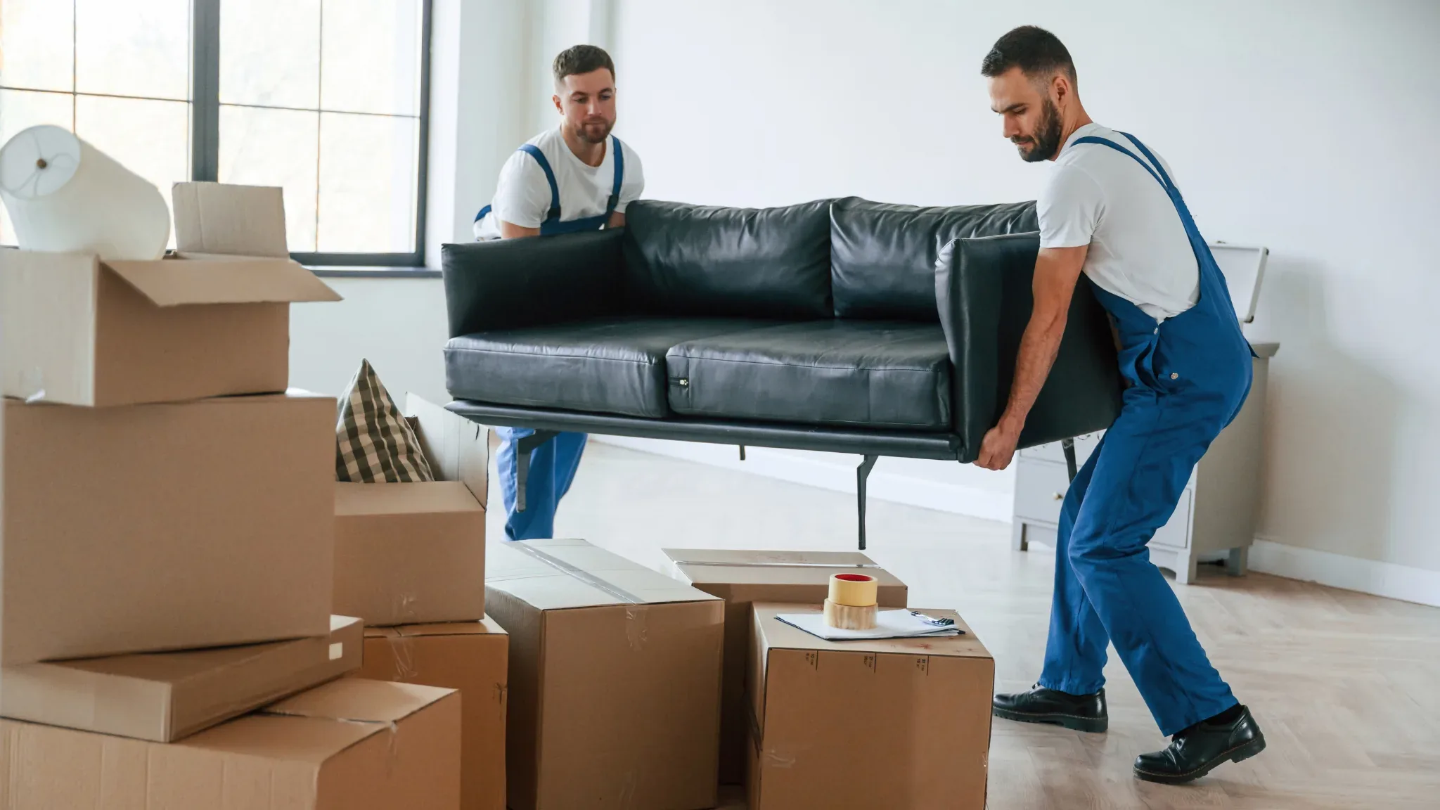 Two movers in white t-shirts and blue overalls carry a black leather two-seat sofa across a bright, mostly empty room. One wa