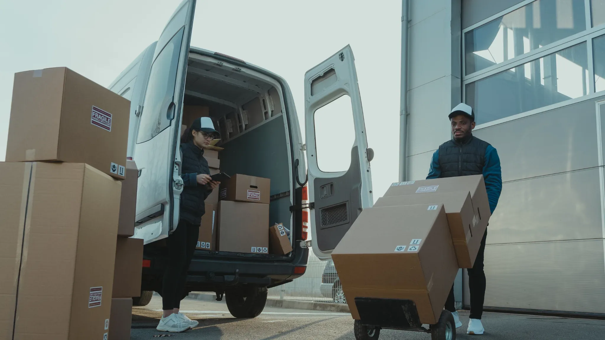 A white cargo van with both rear doors open sits parked outside a modern building with a glass storefront. One worker, in a w